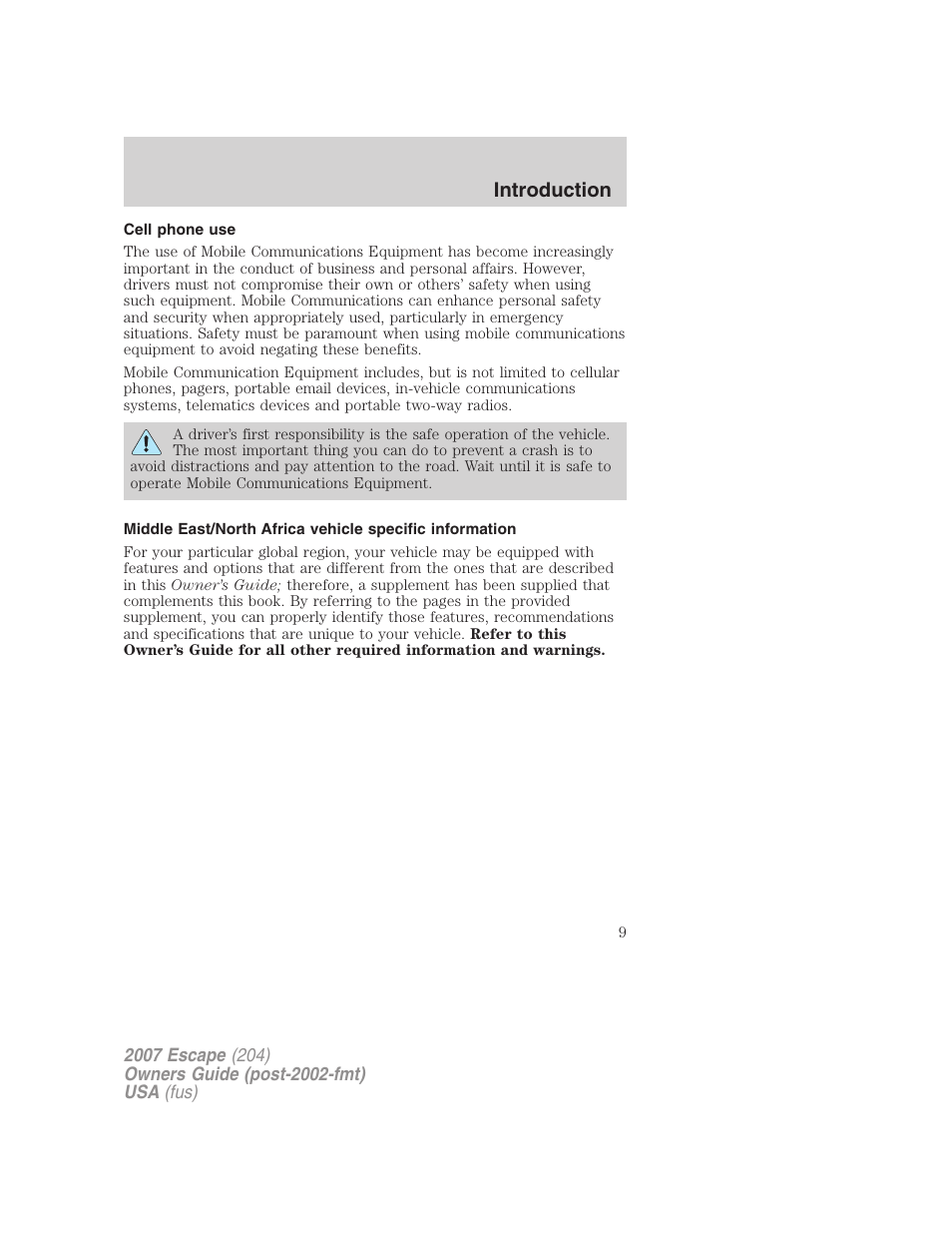 Cell phone use, Introduction | FORD 2007 Escape v.2 User Manual | Page 9 / 288