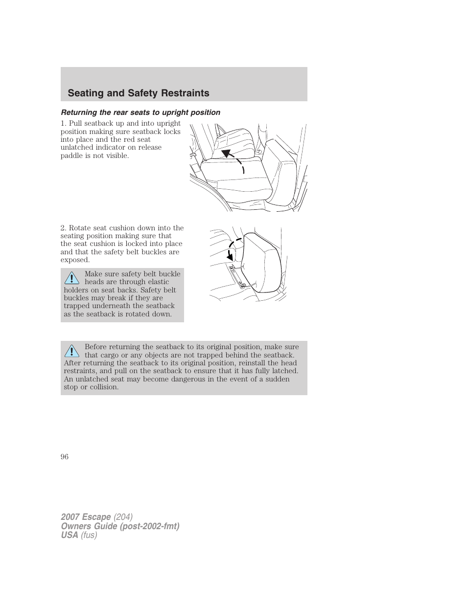 Returning the rear seats to upright position, Seating and safety restraints | FORD 2007 Escape v.2 User Manual | Page 96 / 288