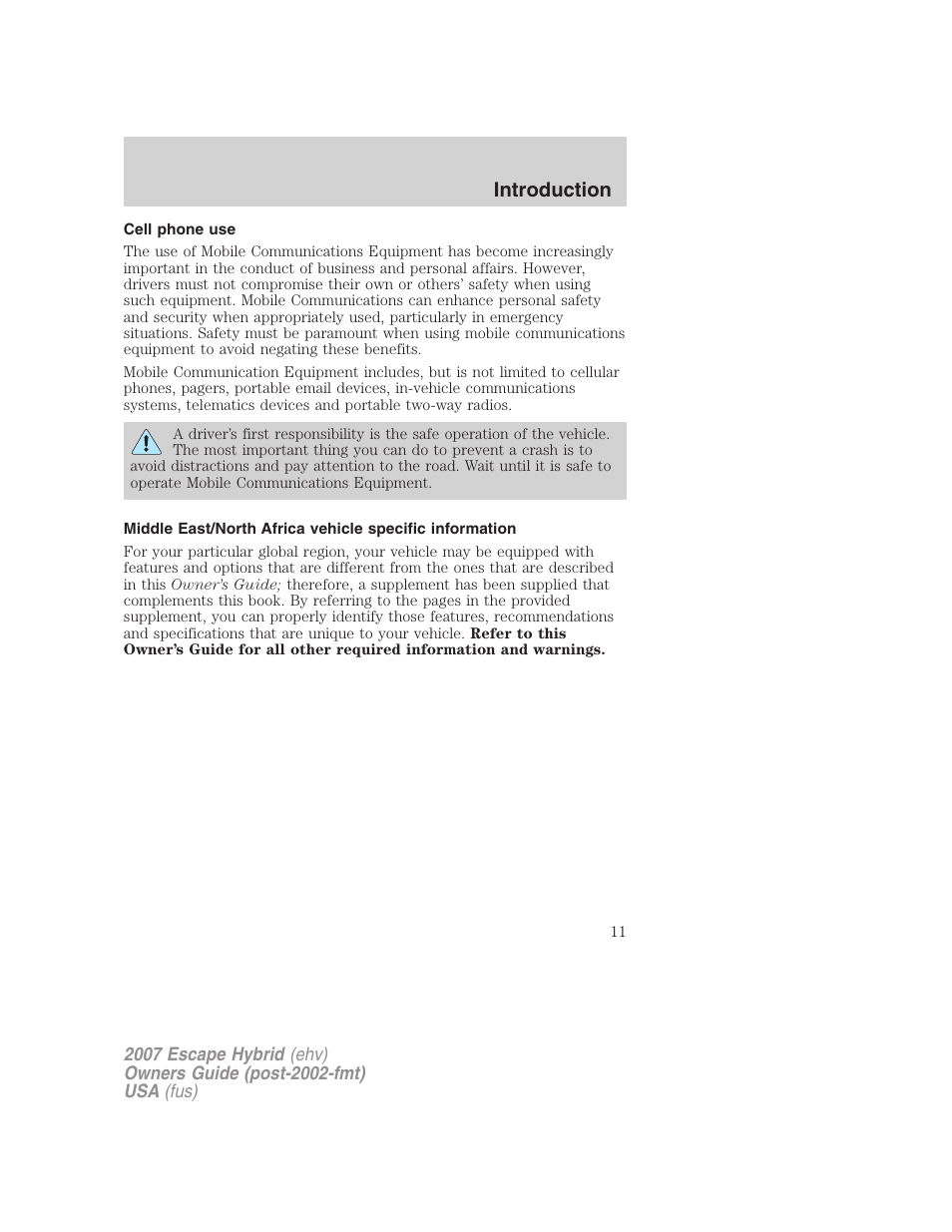 Cell phone use, Introduction | FORD 2007 Escape Hybrid User Manual | Page 11 / 336