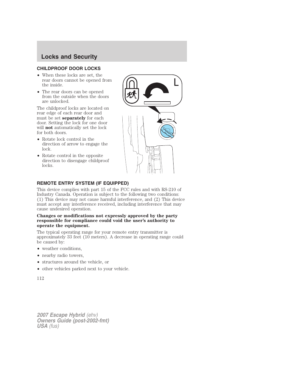 Childproof door locks, Remote entry system (if equipped), Locks and security | FORD 2007 Escape Hybrid User Manual | Page 112 / 336