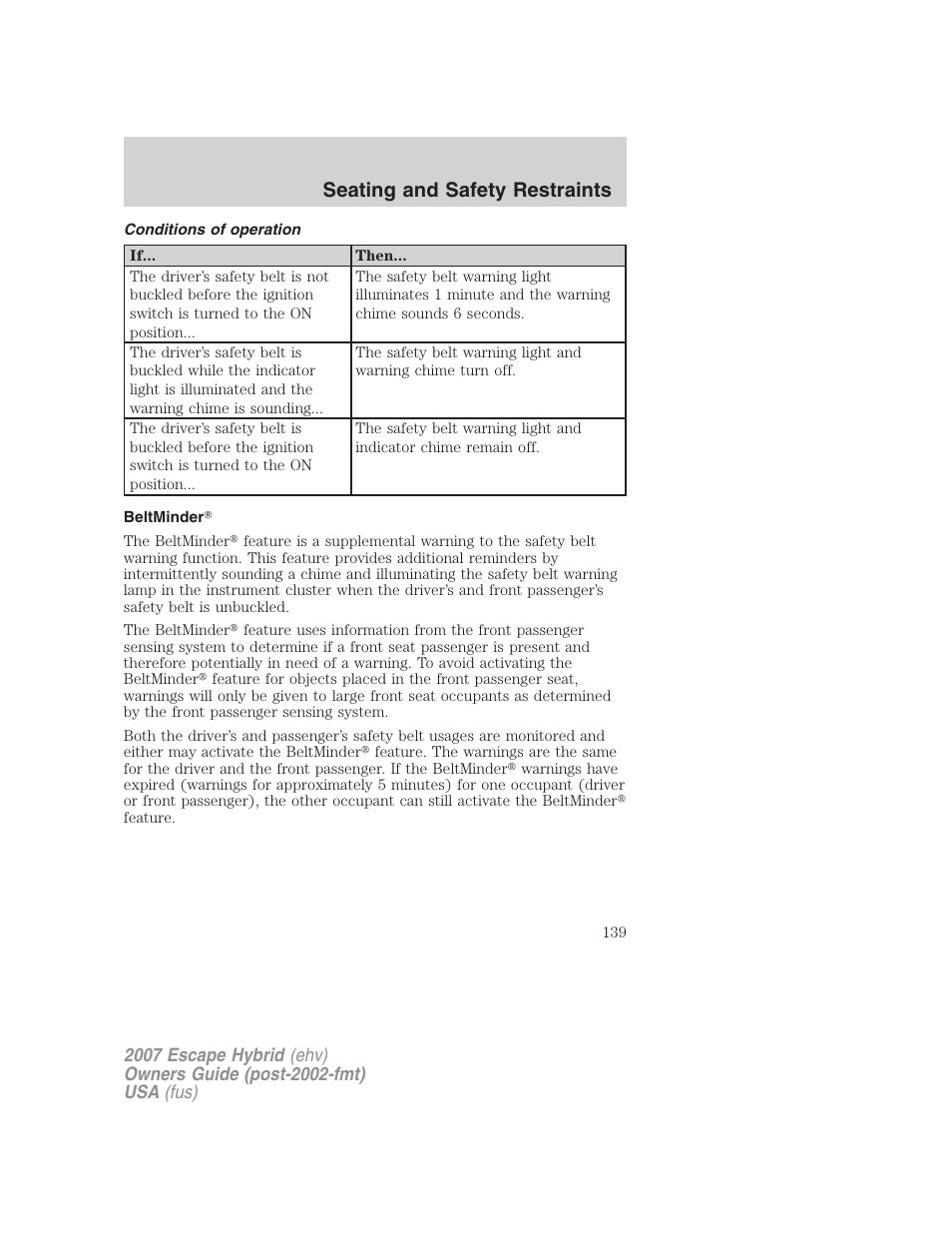 Conditions of operation, Beltminder, Seating and safety restraints | FORD 2007 Escape Hybrid User Manual | Page 139 / 336