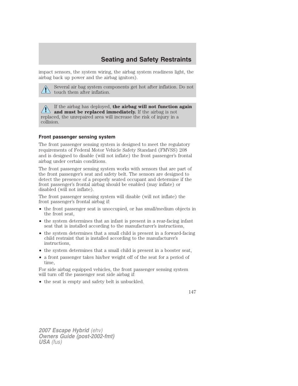 Front passenger sensing system, Seating and safety restraints | FORD 2007 Escape Hybrid User Manual | Page 147 / 336