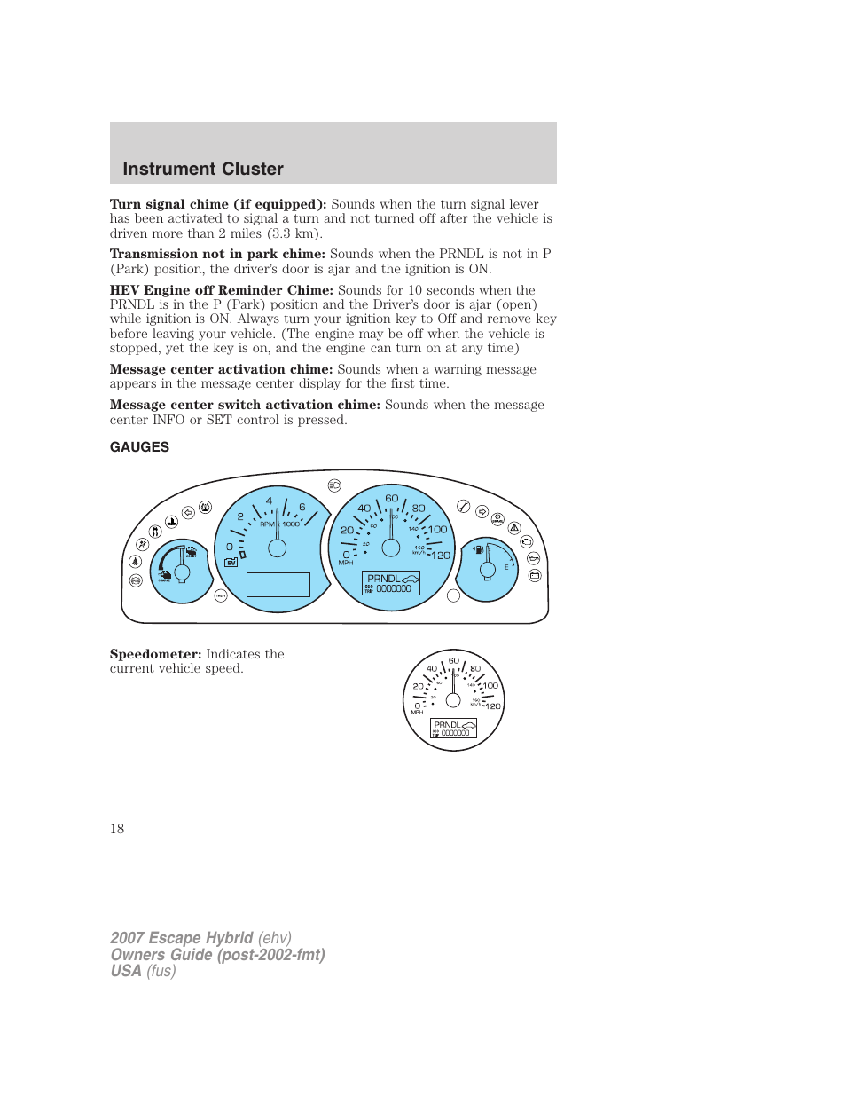 Gauges, Instrument cluster | FORD 2007 Escape Hybrid User Manual | Page 18 / 336