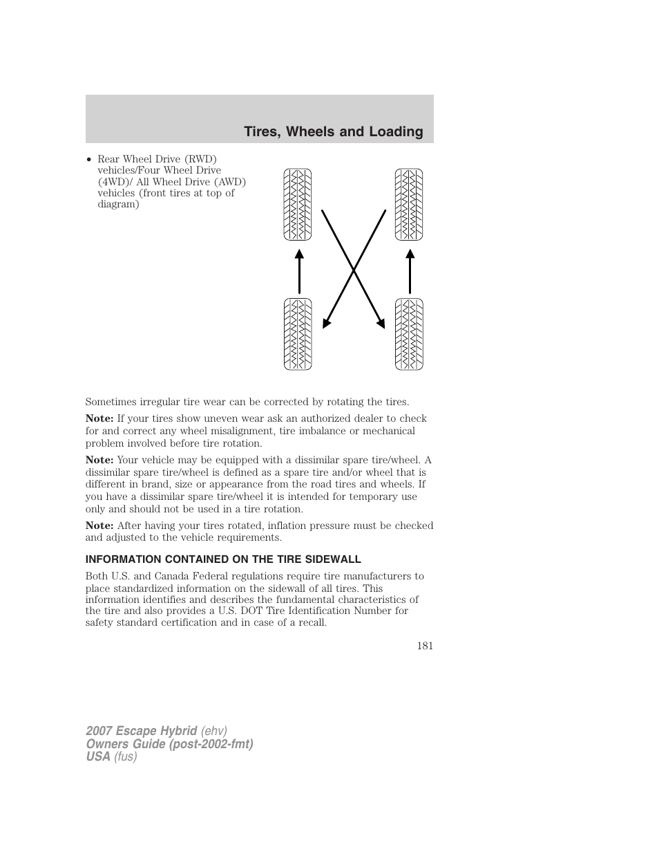 Information contained on the tire sidewall, Tires, wheels and loading | FORD 2007 Escape Hybrid User Manual | Page 181 / 336