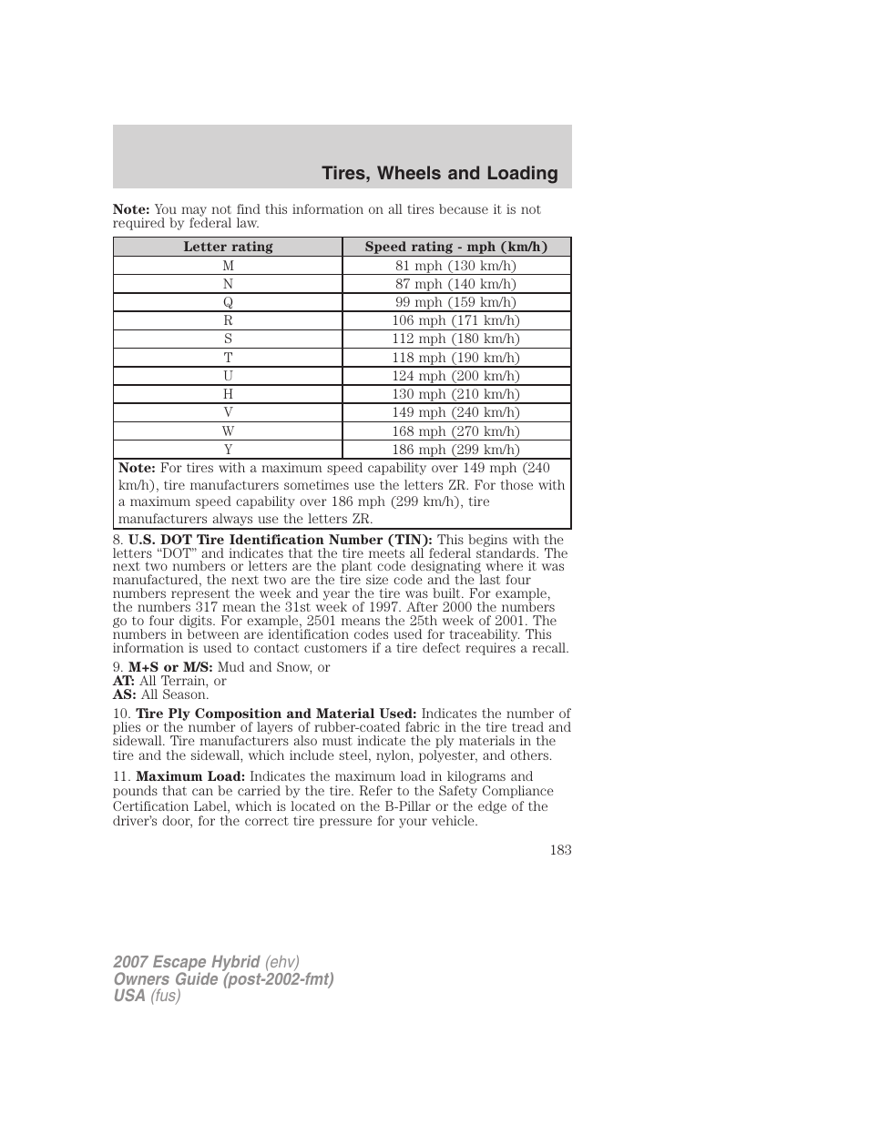 Tires, wheels and loading | FORD 2007 Escape Hybrid User Manual | Page 183 / 336