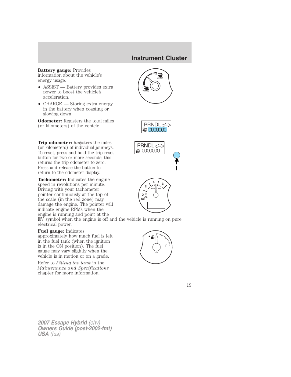 Instrument cluster | FORD 2007 Escape Hybrid User Manual | Page 19 / 336