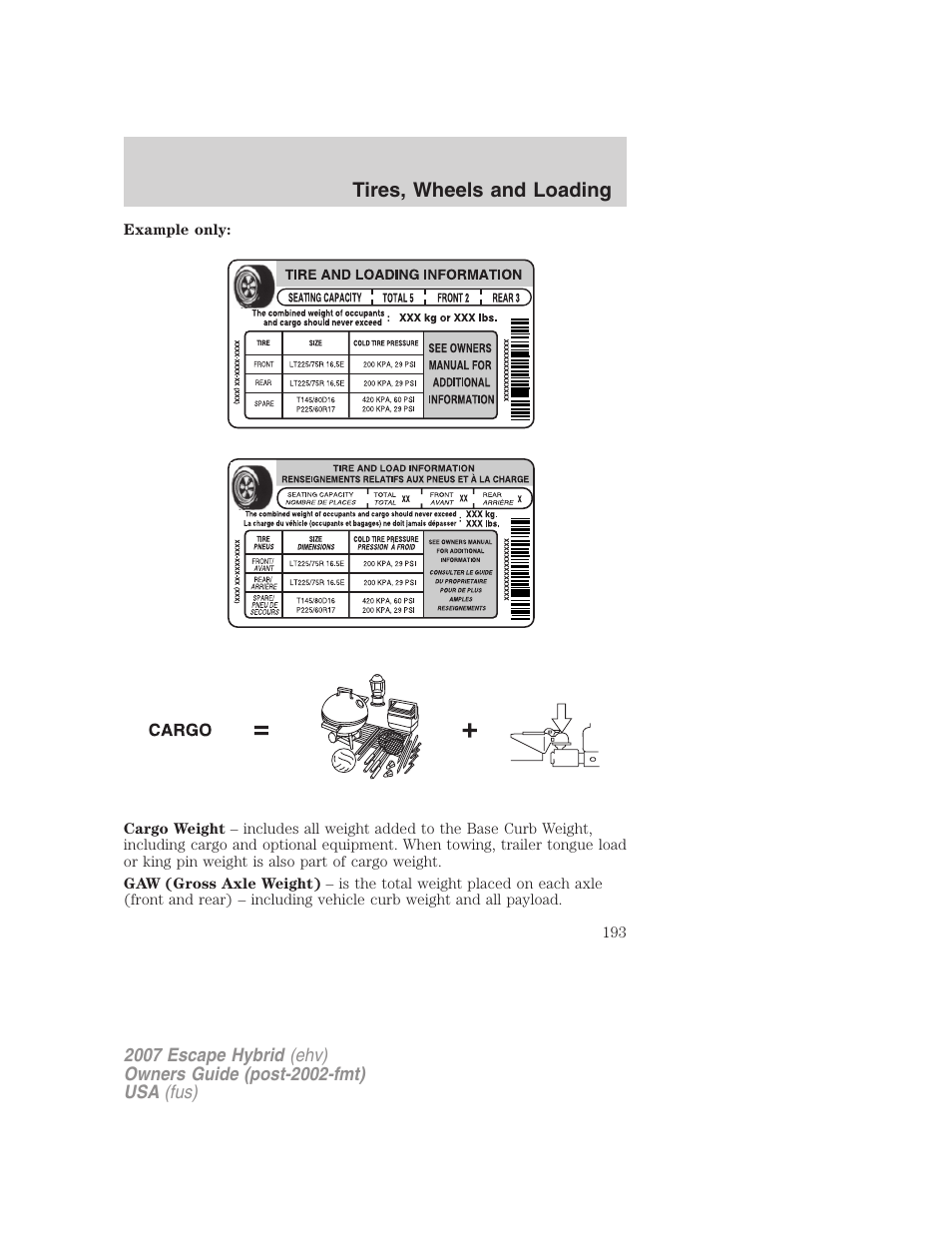 Tires, wheels and loading | FORD 2007 Escape Hybrid User Manual | Page 193 / 336