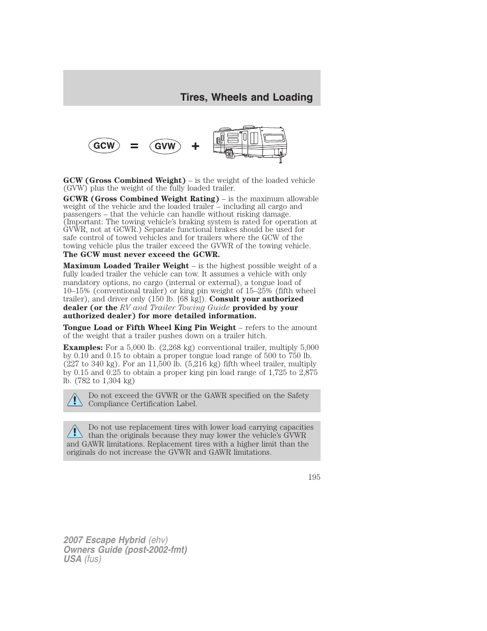 Tires, wheels and loading | FORD 2007 Escape Hybrid User Manual | Page 195 / 336