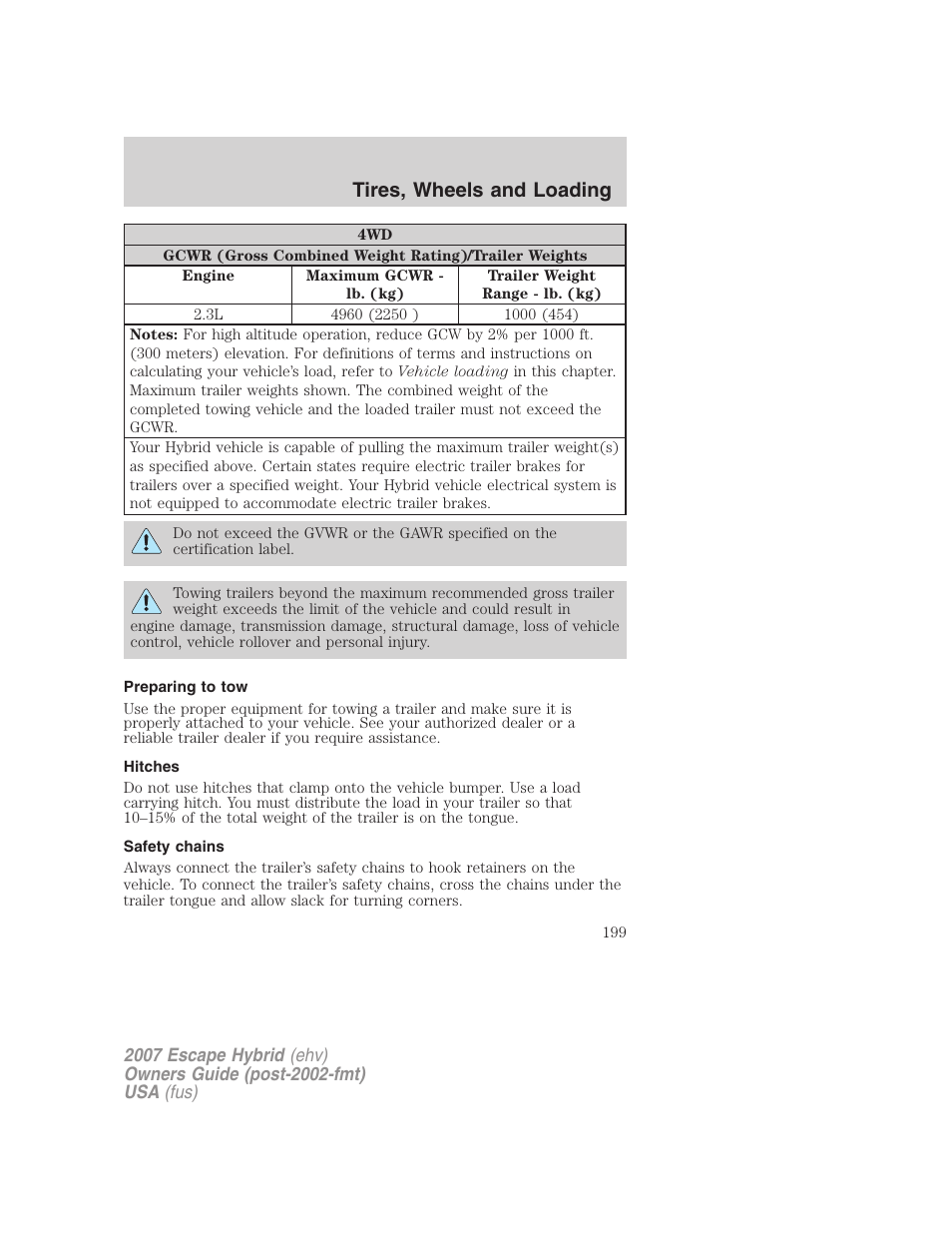 Preparing to tow, Hitches, Safety chains | Tires, wheels and loading | FORD 2007 Escape Hybrid User Manual | Page 199 / 336