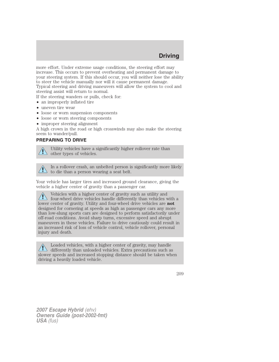 Preparing to drive, Driving | FORD 2007 Escape Hybrid User Manual | Page 209 / 336