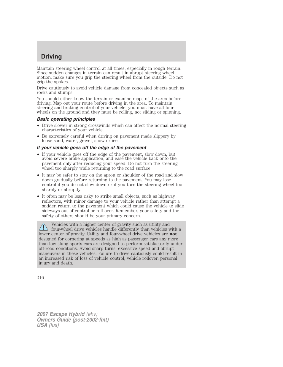 Basic operating principles, If your vehicle goes off the edge of the pavement, Driving | FORD 2007 Escape Hybrid User Manual | Page 216 / 336