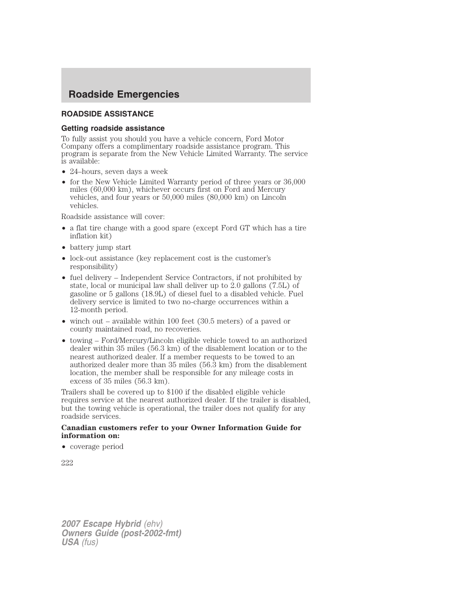 Roadside emergencies, Roadside assistance, Getting roadside assistance | FORD 2007 Escape Hybrid User Manual | Page 222 / 336