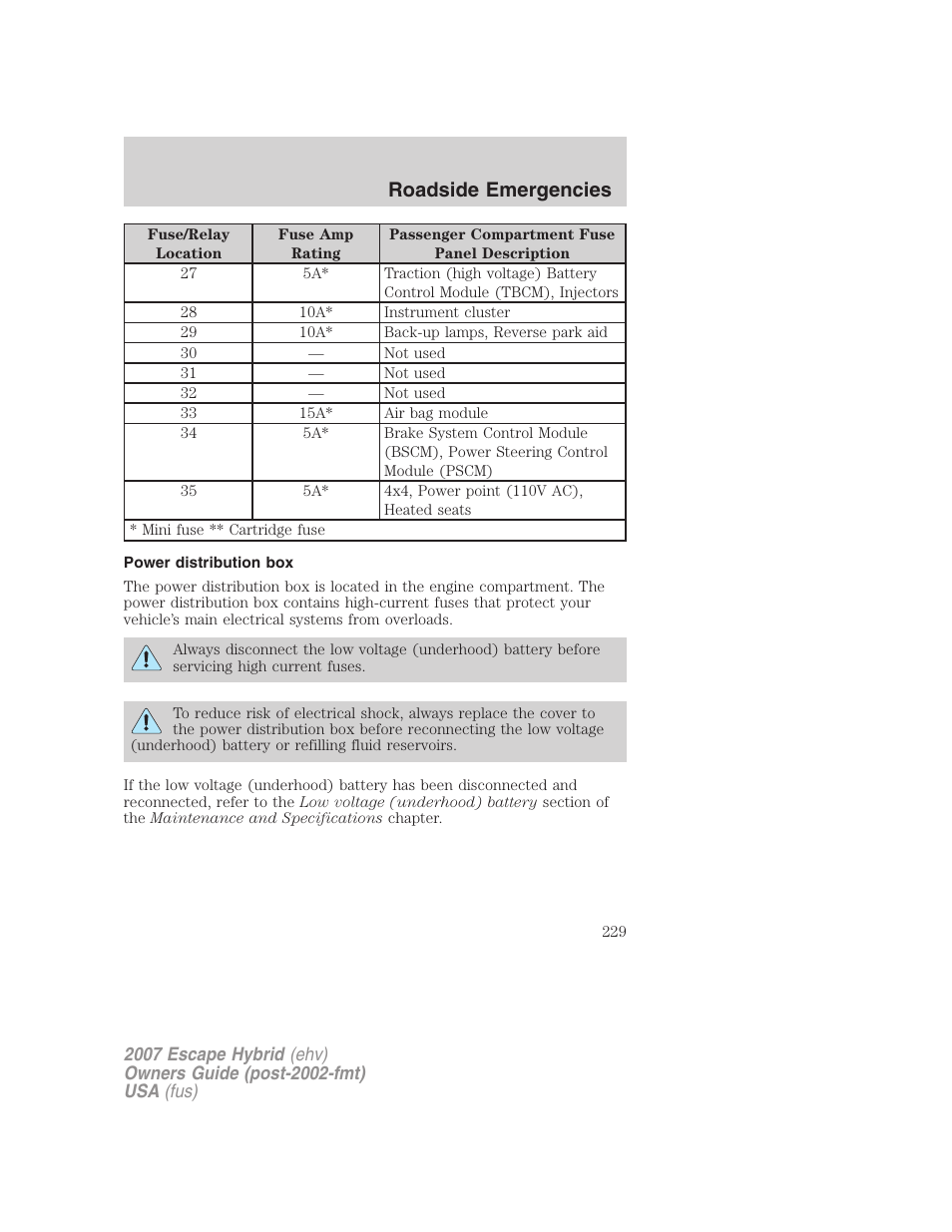 Power distribution box, Roadside emergencies | FORD 2007 Escape Hybrid User Manual | Page 229 / 336