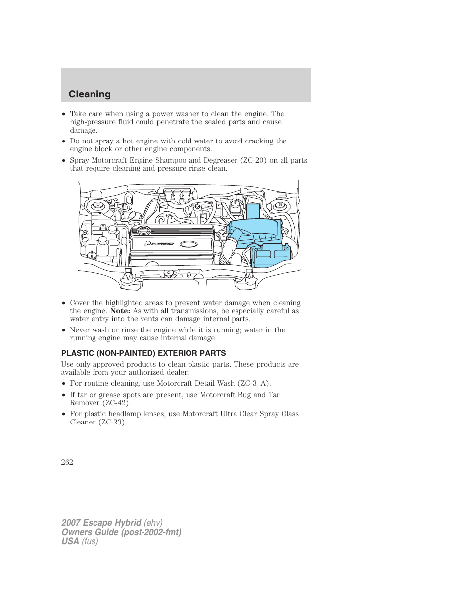 Plastic (non-painted) exterior parts, Cleaning | FORD 2007 Escape Hybrid User Manual | Page 262 / 336
