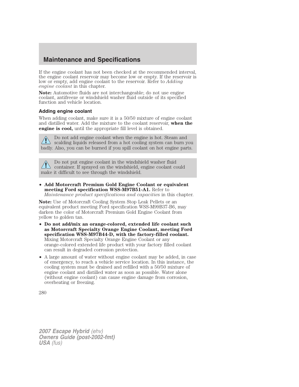Adding engine coolant, Maintenance and specifications | FORD 2007 Escape Hybrid User Manual | Page 280 / 336