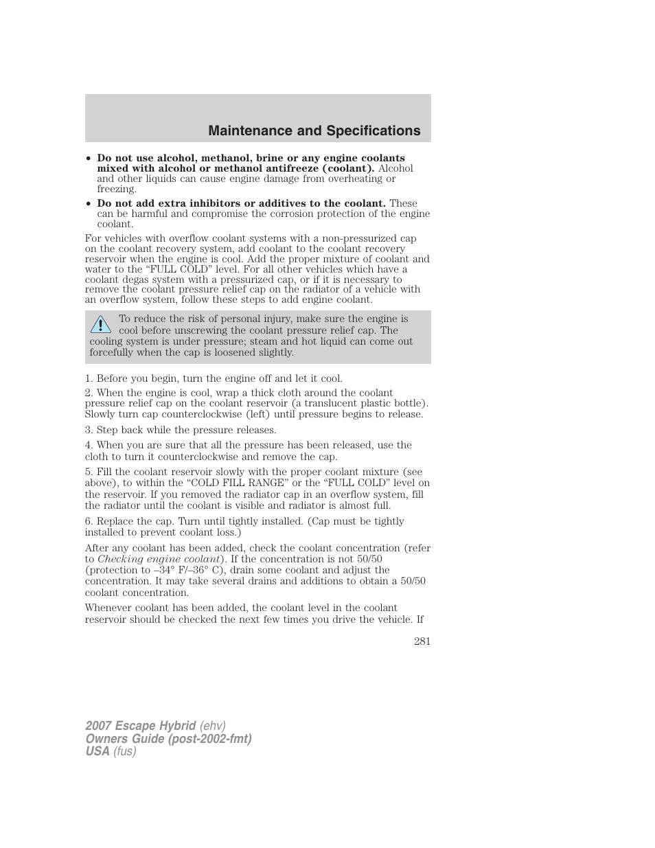 Maintenance and specifications | FORD 2007 Escape Hybrid User Manual | Page 281 / 336