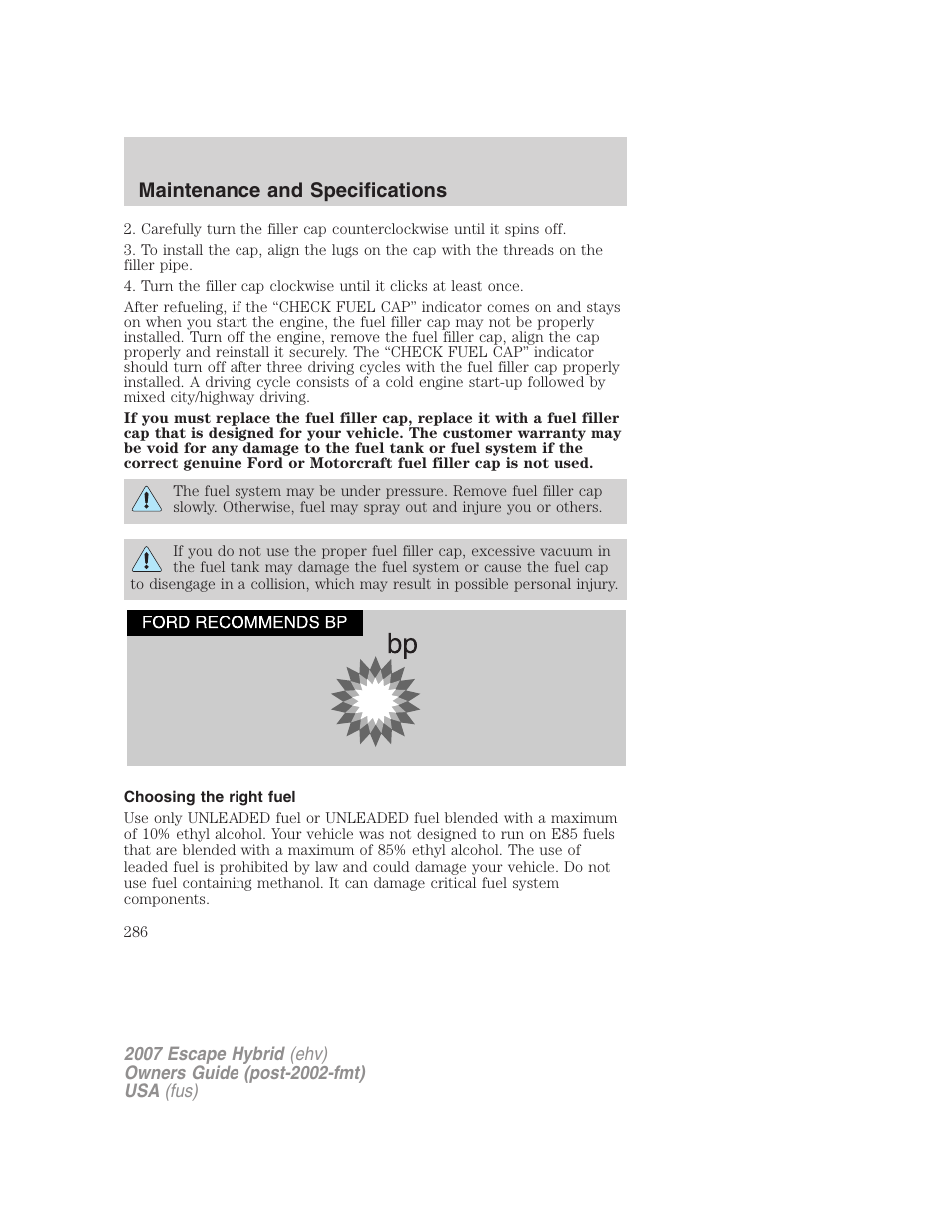 Choosing the right fuel, Maintenance and specifications | FORD 2007 Escape Hybrid User Manual | Page 286 / 336