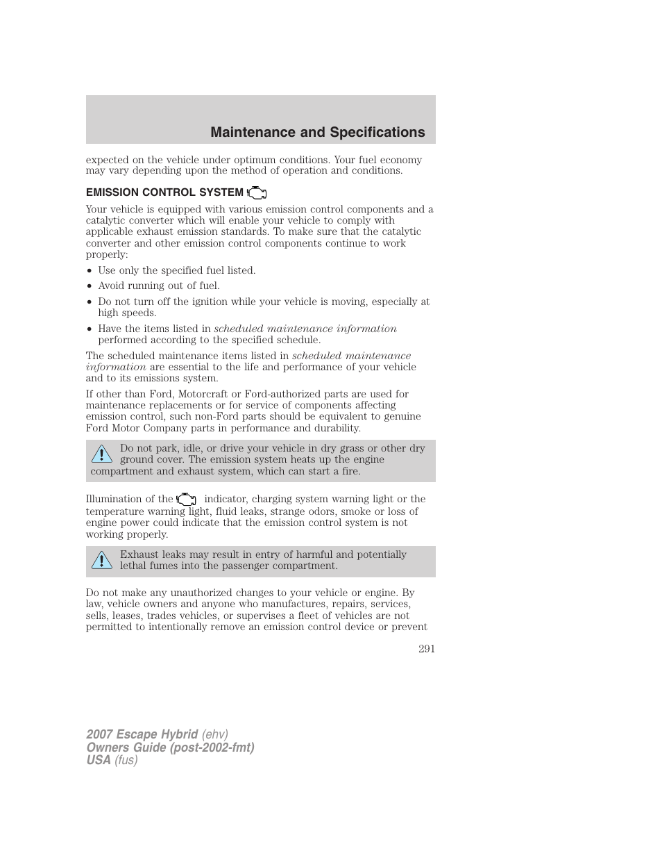 Emission control system, Maintenance and specifications | FORD 2007 Escape Hybrid User Manual | Page 291 / 336
