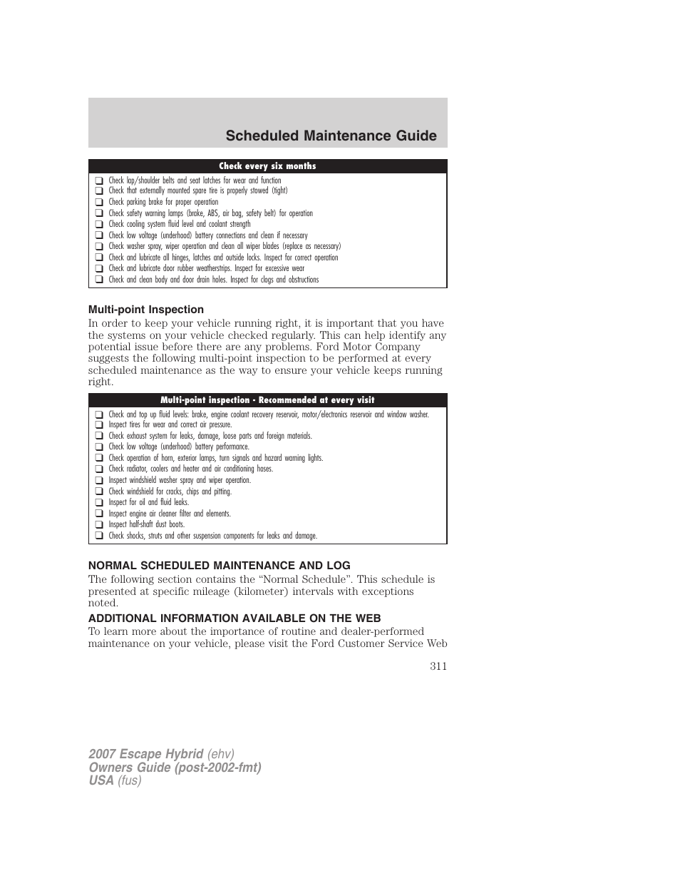 Multi-point inspection, Normal scheduled maintenance and log, Additional information available on the web | Scheduled maintenance guide | FORD 2007 Escape Hybrid User Manual | Page 311 / 336