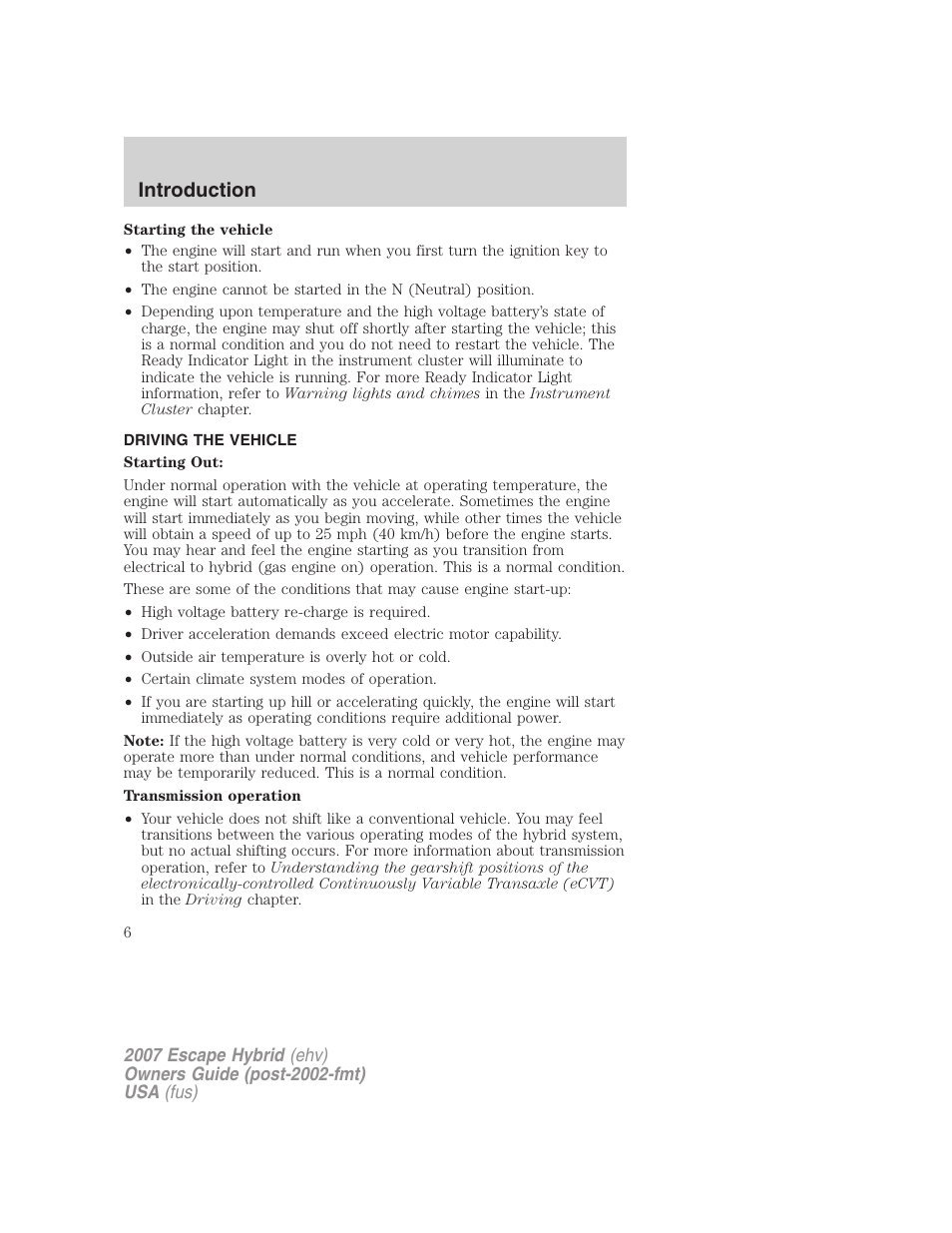Driving the vehicle, Introduction | FORD 2007 Escape Hybrid User Manual | Page 6 / 336