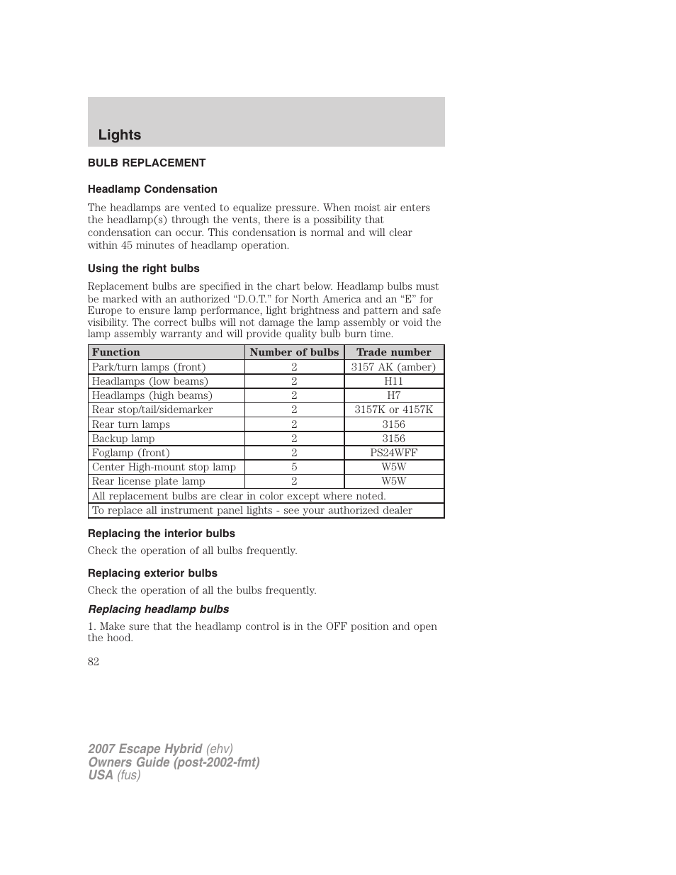 Bulb replacement, Headlamp condensation, Using the right bulbs | Replacing the interior bulbs, Replacing exterior bulbs, Replacing headlamp bulbs, Lights | FORD 2007 Escape Hybrid User Manual | Page 82 / 336