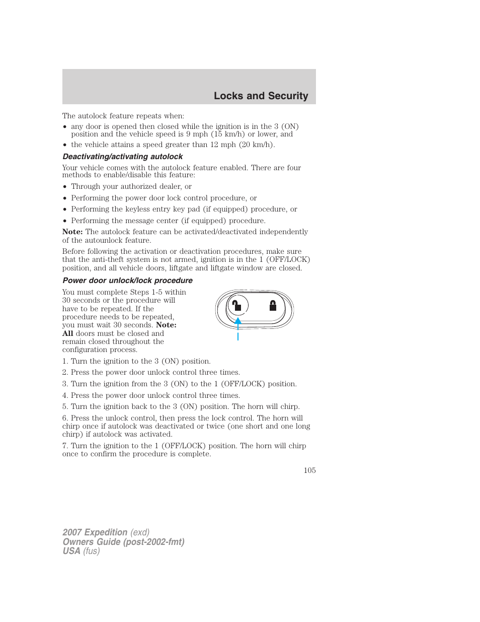 Deactivating/activating autolock, Power door unlock/lock procedure, Locks and security | FORD 2007 Expedition v.1 User Manual | Page 105 / 328