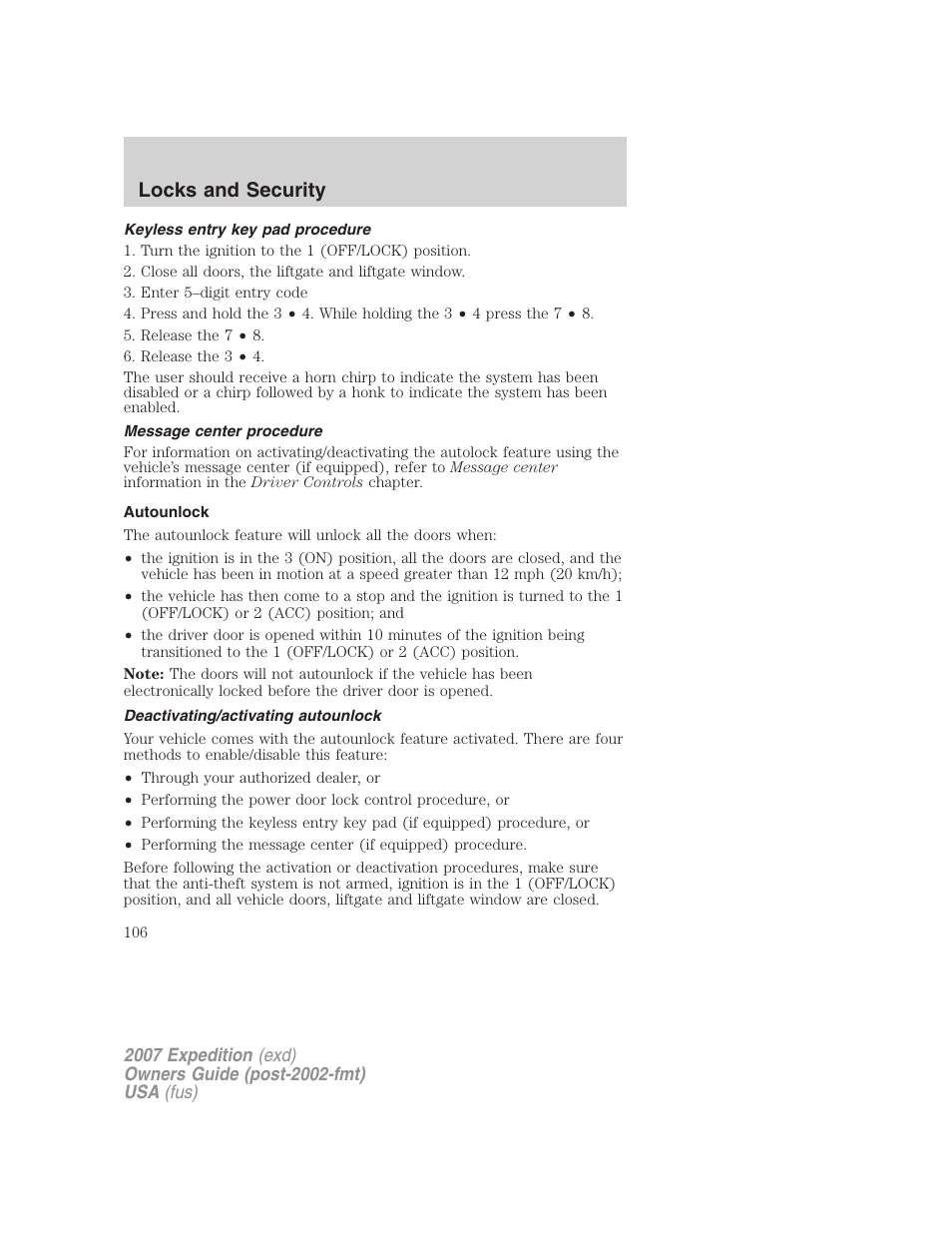 Keyless entry key pad procedure, Message center procedure, Autounlock | Deactivating/activating autounlock, Locks and security | FORD 2007 Expedition v.1 User Manual | Page 106 / 328