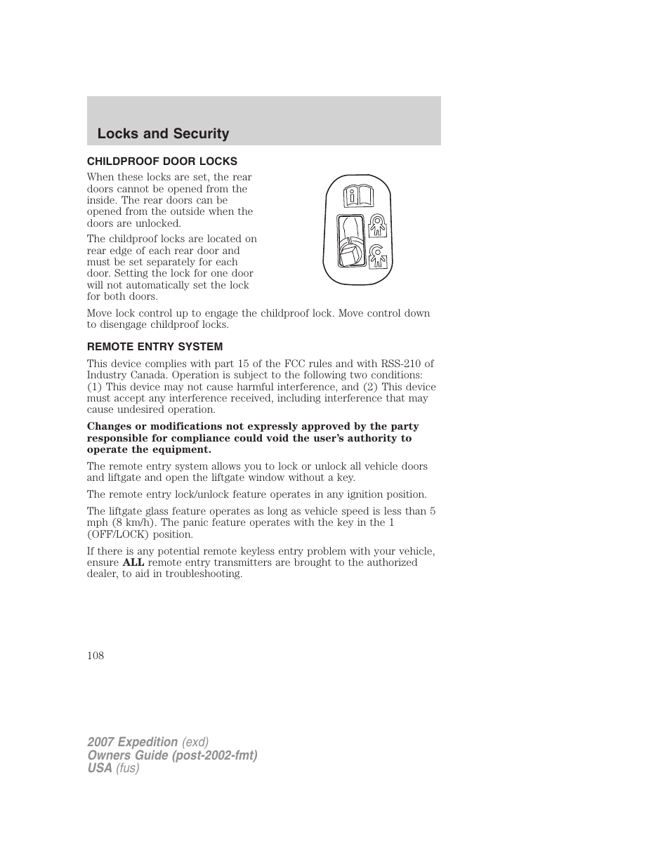 Childproof door locks, Remote entry system, Anti-theft system | Locks and security | FORD 2007 Expedition v.1 User Manual | Page 108 / 328