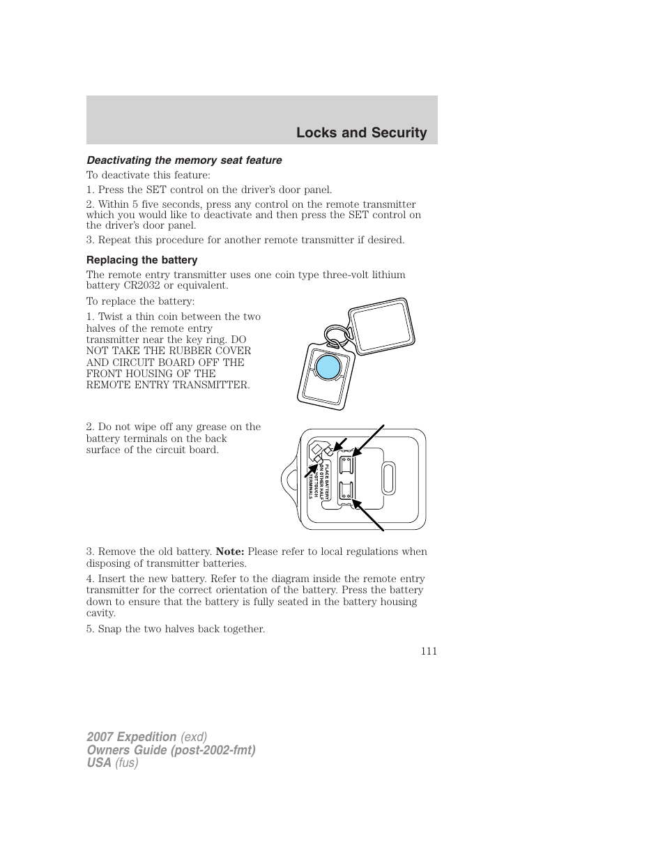 Deactivating the memory seat feature, Replacing the battery, Locks and security | FORD 2007 Expedition v.1 User Manual | Page 111 / 328