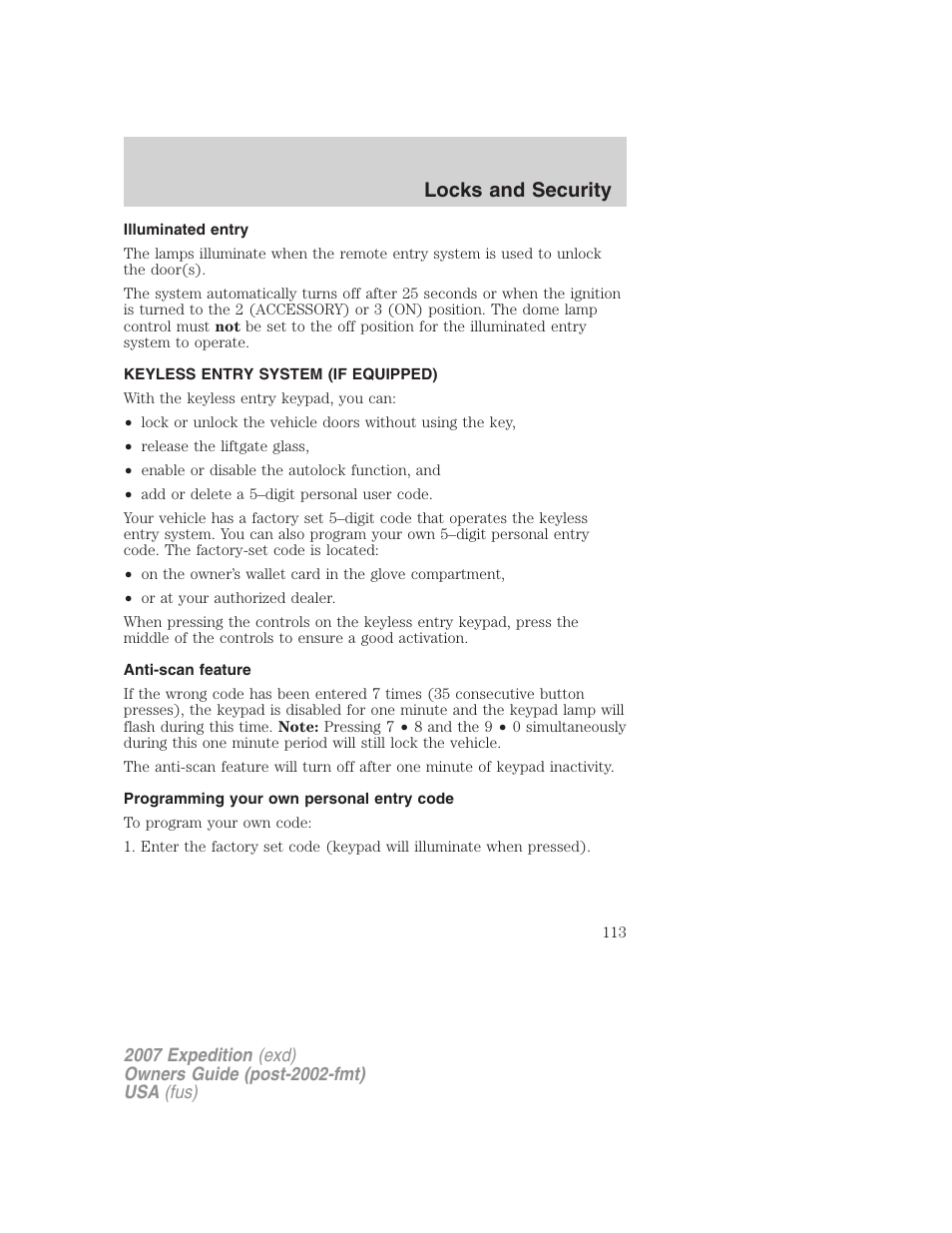 Illuminated entry, Keyless entry system (if equipped), Anti-scan feature | Programming your own personal entry code, Locks and security | FORD 2007 Expedition v.1 User Manual | Page 113 / 328