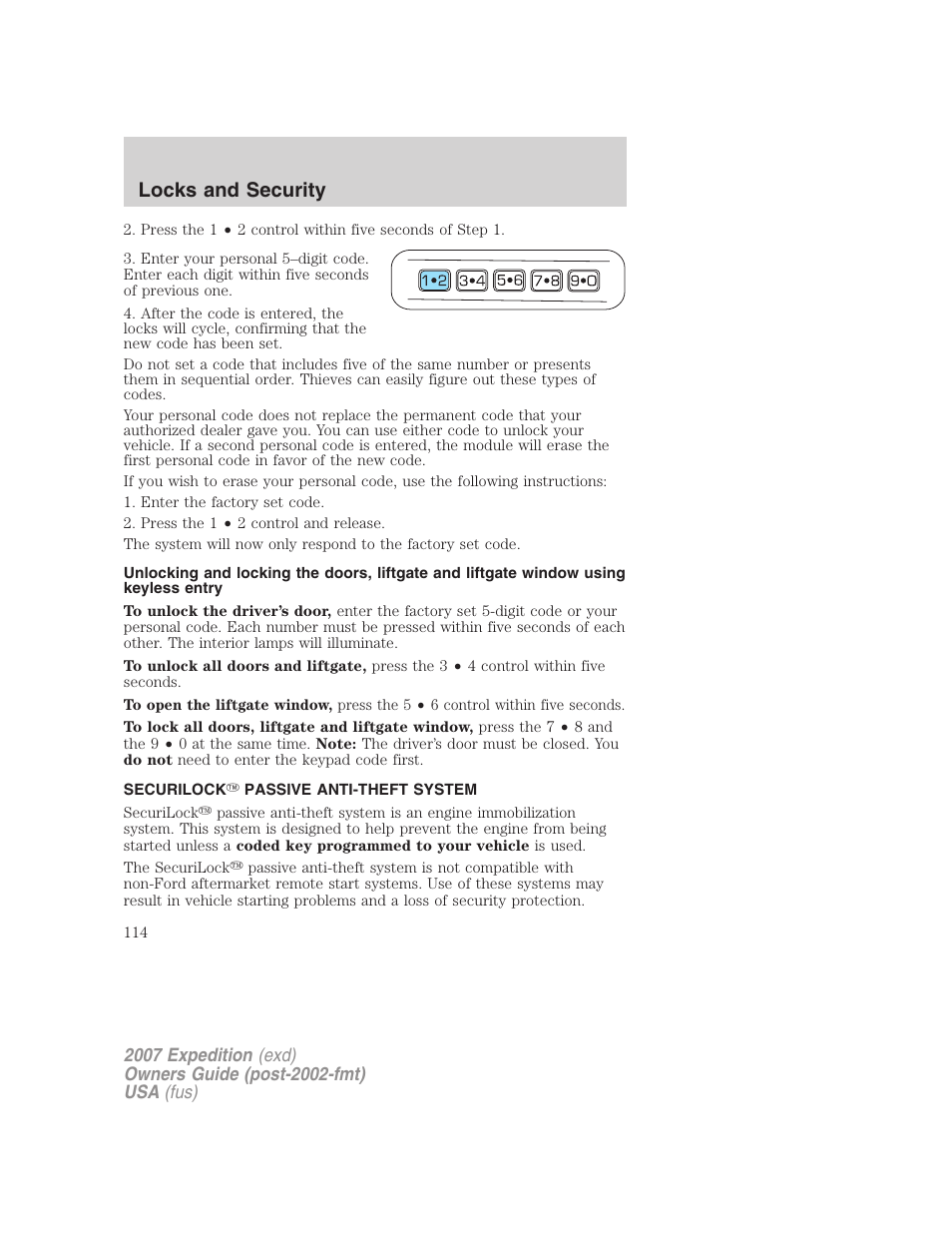 Securilock passive anti-theft system, Locks and security | FORD 2007 Expedition v.1 User Manual | Page 114 / 328