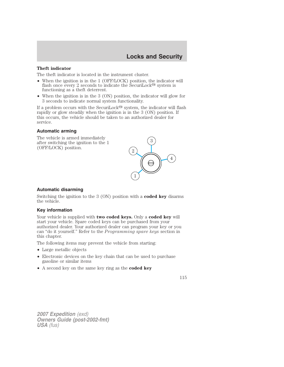 Automatic arming, Automatic disarming, Key information | Locks and security | FORD 2007 Expedition v.1 User Manual | Page 115 / 328