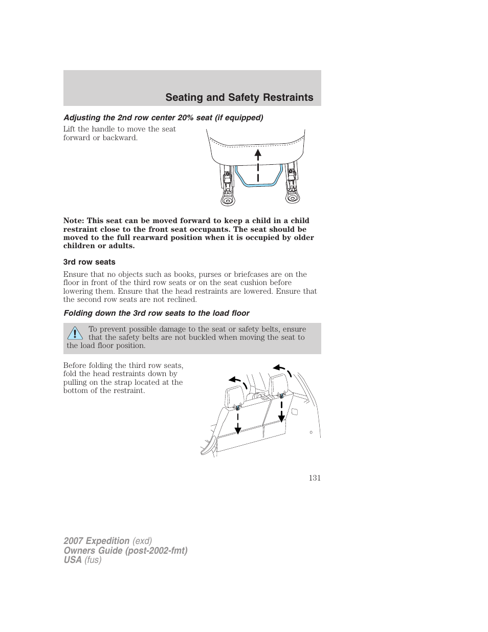 3rd row seats, Folding down the 3rd row seats to the load floor, Seating and safety restraints | FORD 2007 Expedition v.1 User Manual | Page 131 / 328