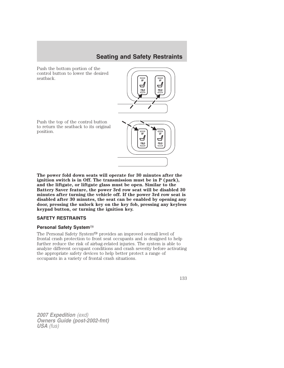 Safety restraints, Personal safety system, Seating and safety restraints | FORD 2007 Expedition v.1 User Manual | Page 133 / 328