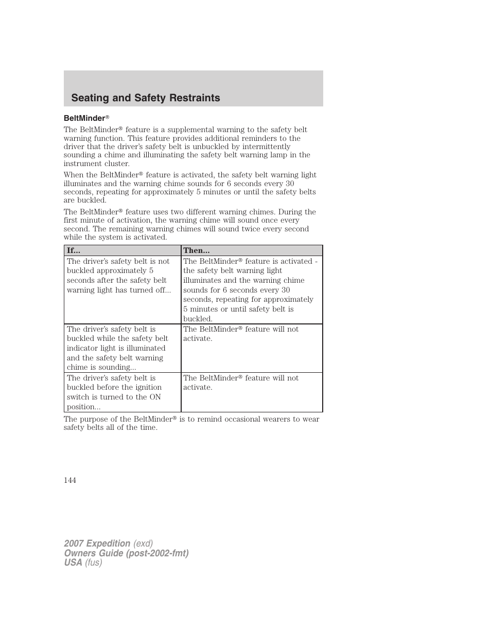 Beltminder, Seating and safety restraints | FORD 2007 Expedition v.1 User Manual | Page 144 / 328