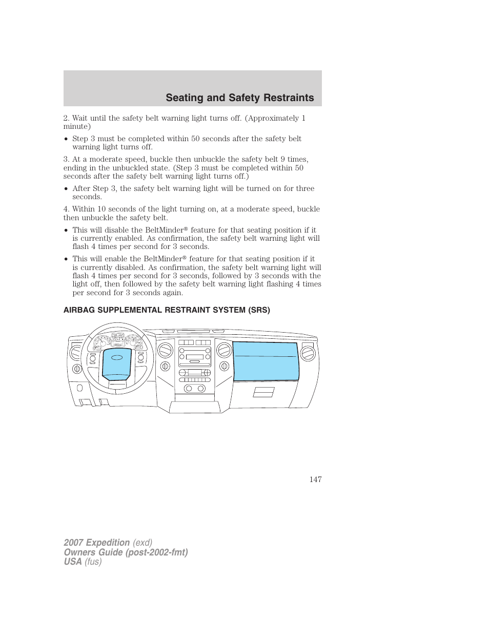 Airbag supplemental restraint system (srs), Airbags, Seating and safety restraints | FORD 2007 Expedition v.1 User Manual | Page 147 / 328