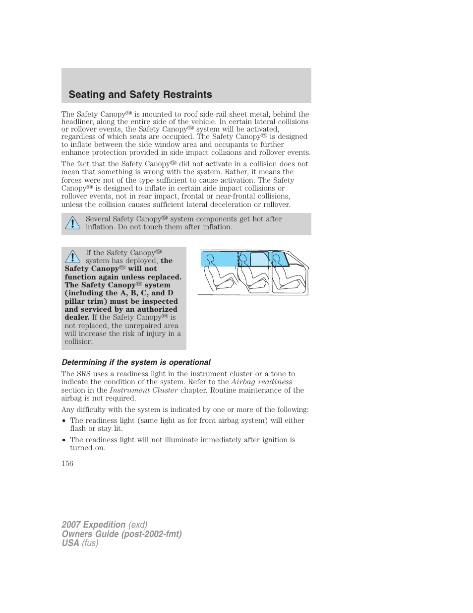 Determining if the system is operational, Seating and safety restraints | FORD 2007 Expedition v.1 User Manual | Page 156 / 328