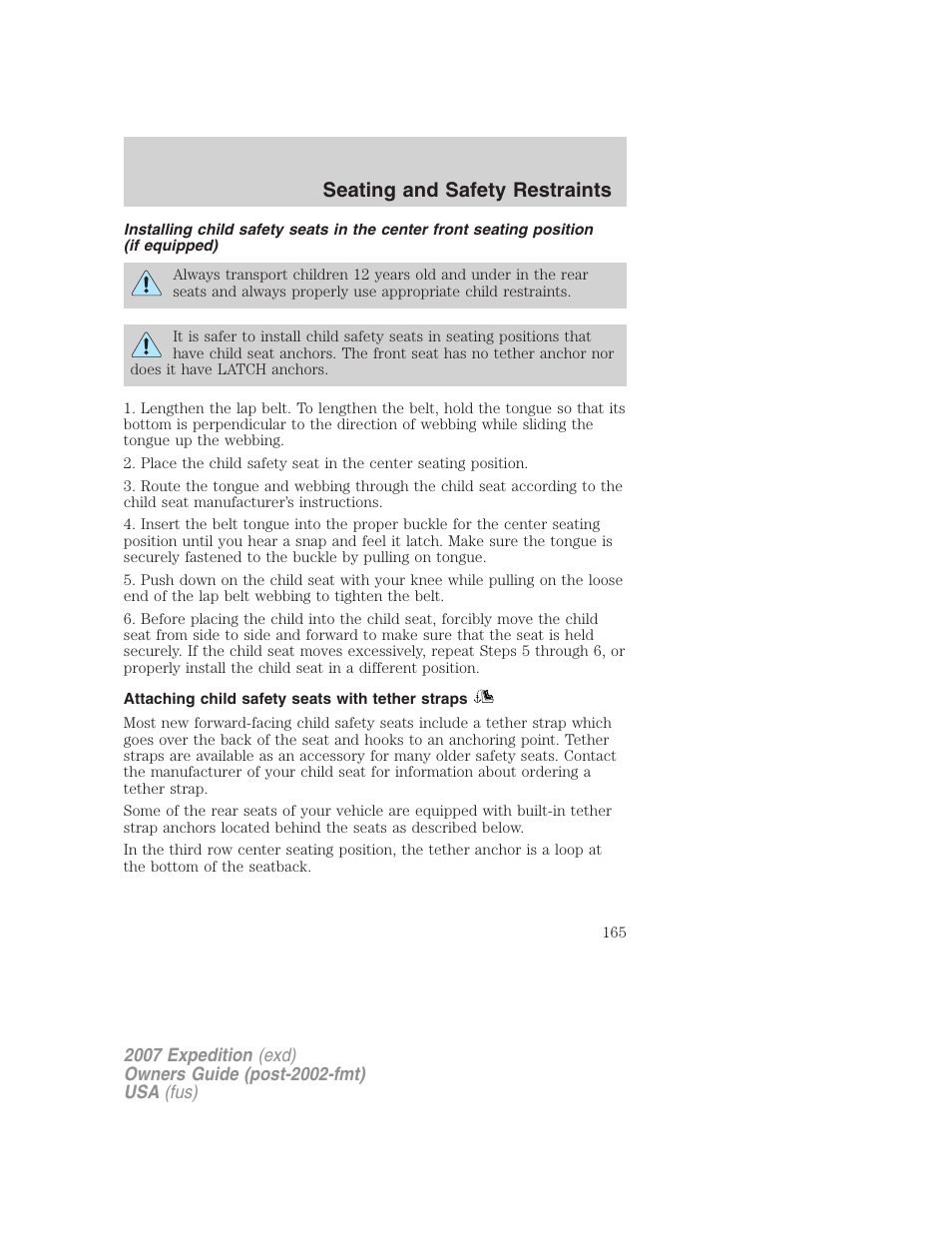 Attaching child safety seats with tether straps, Seating and safety restraints | FORD 2007 Expedition v.1 User Manual | Page 165 / 328