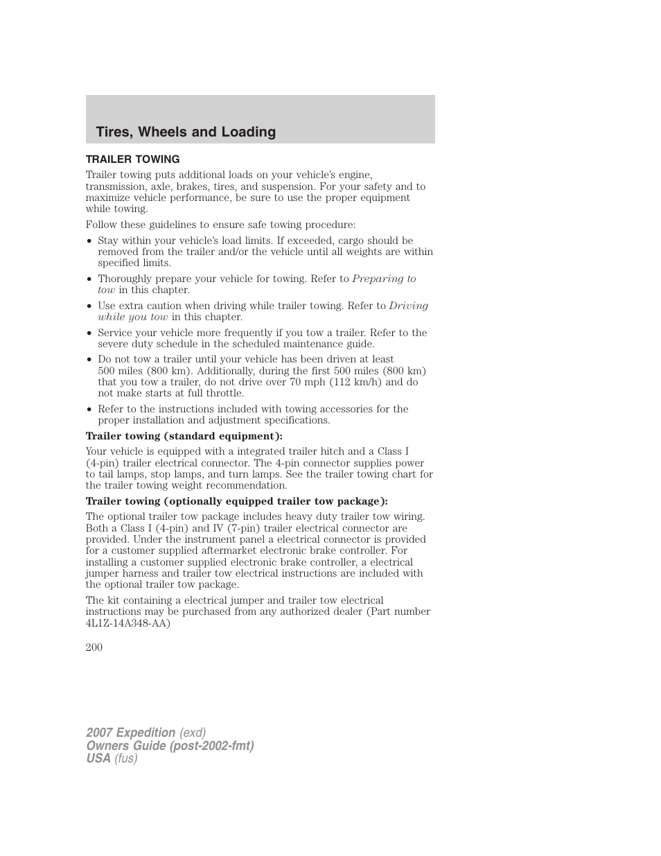Trailer towing, Tires, wheels and loading | FORD 2007 Expedition v.1 User Manual | Page 200 / 328