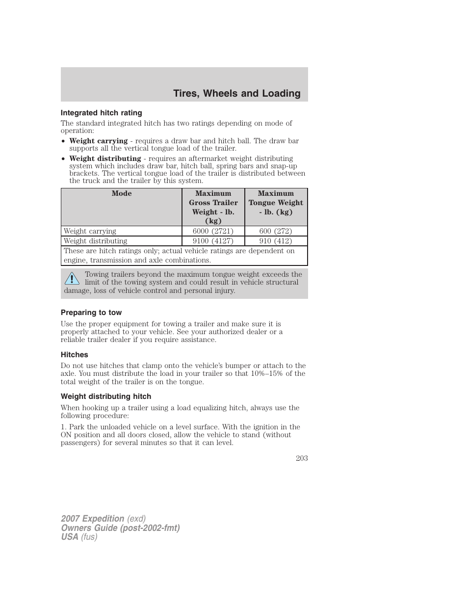 Integrated hitch rating, Preparing to tow, Hitches | Weight distributing hitch, Tires, wheels and loading | FORD 2007 Expedition v.1 User Manual | Page 203 / 328