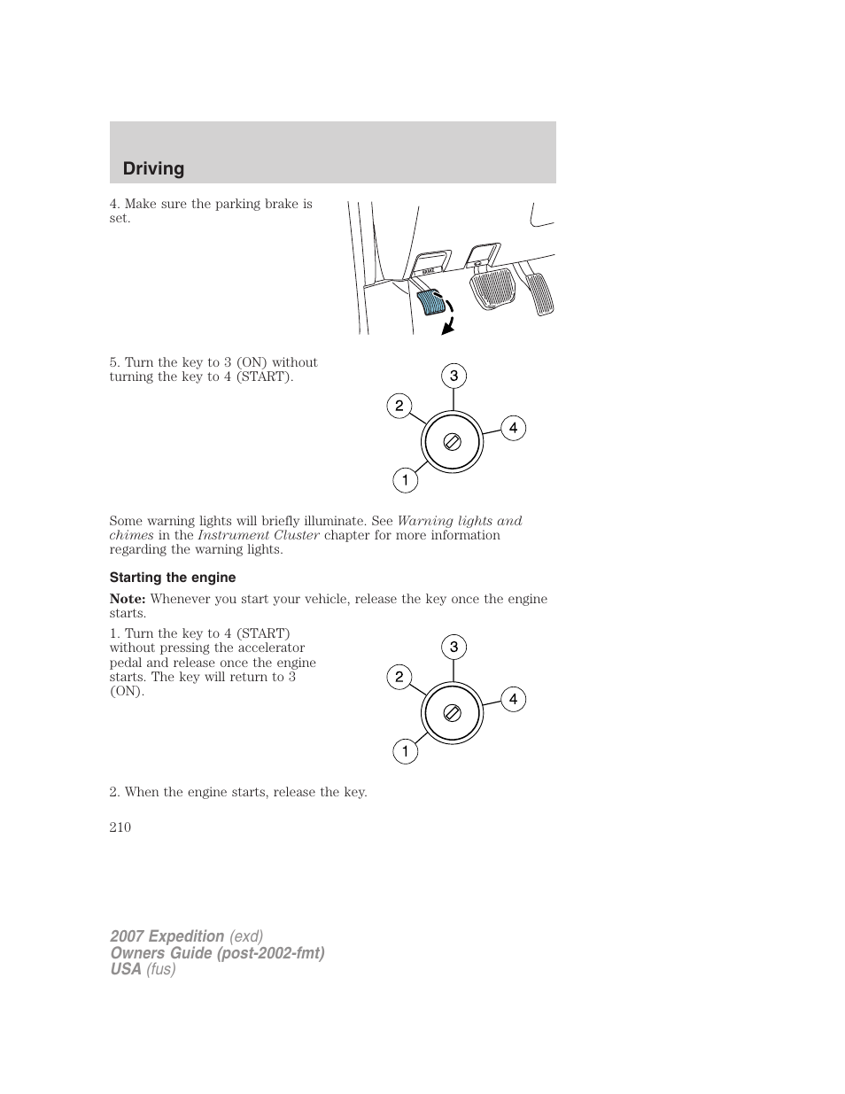 Starting the engine, Driving | FORD 2007 Expedition v.1 User Manual | Page 210 / 328