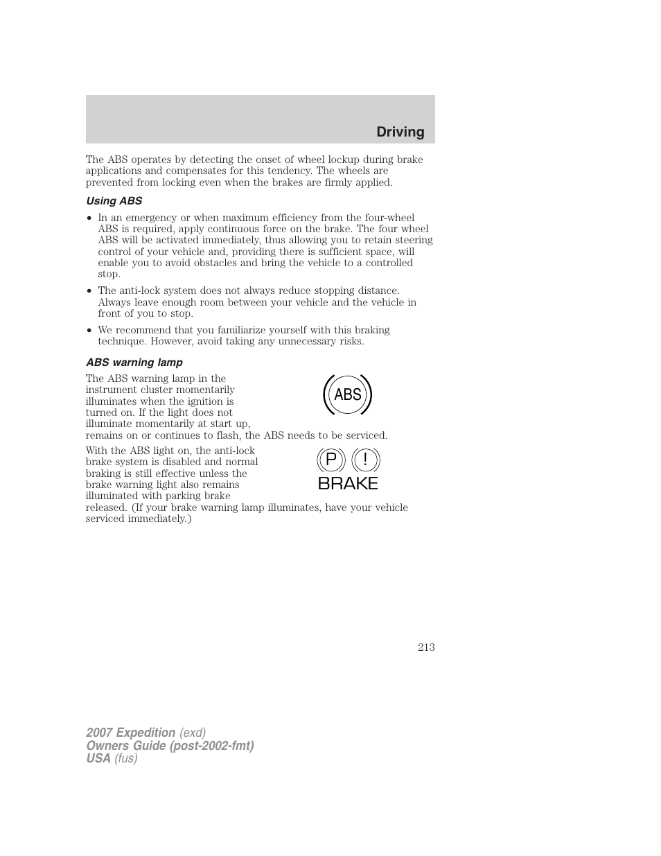 Using abs, Abs warning lamp, Abs p ! brake | FORD 2007 Expedition v.1 User Manual | Page 213 / 328
