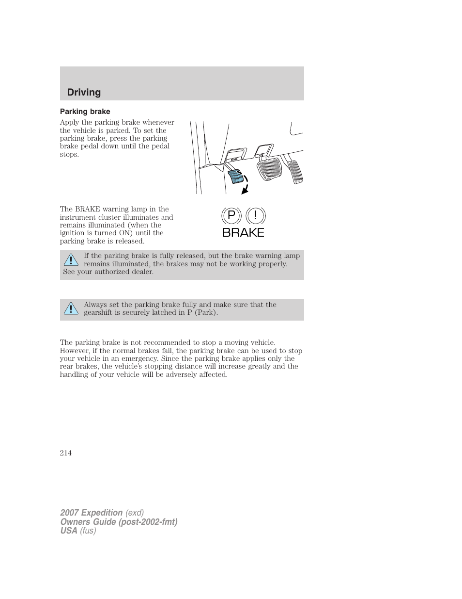 Parking brake, P! brake | FORD 2007 Expedition v.1 User Manual | Page 214 / 328