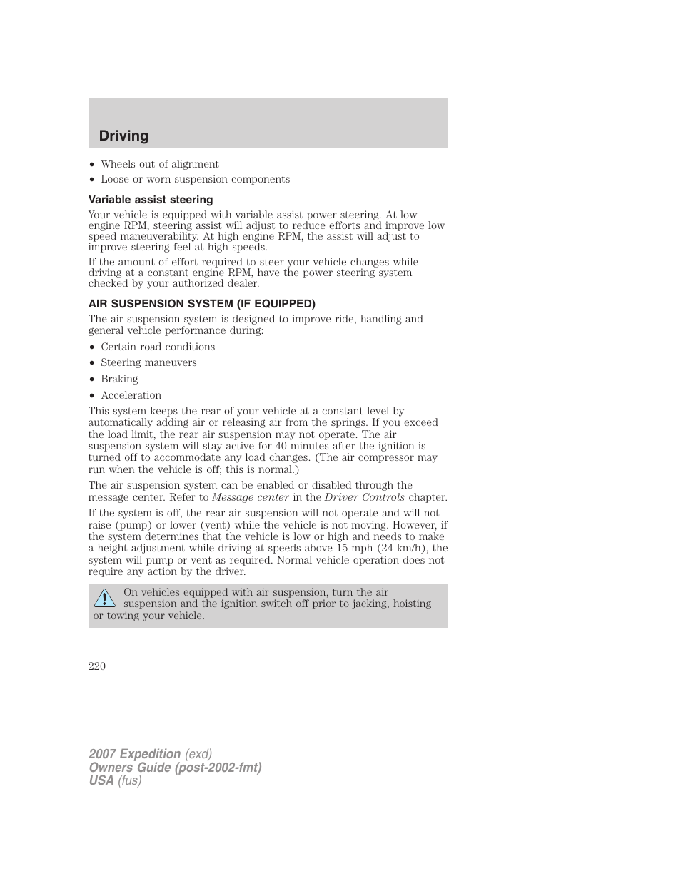 Variable assist steering, Air suspension system (if equipped), Air suspension | Driving | FORD 2007 Expedition v.1 User Manual | Page 220 / 328