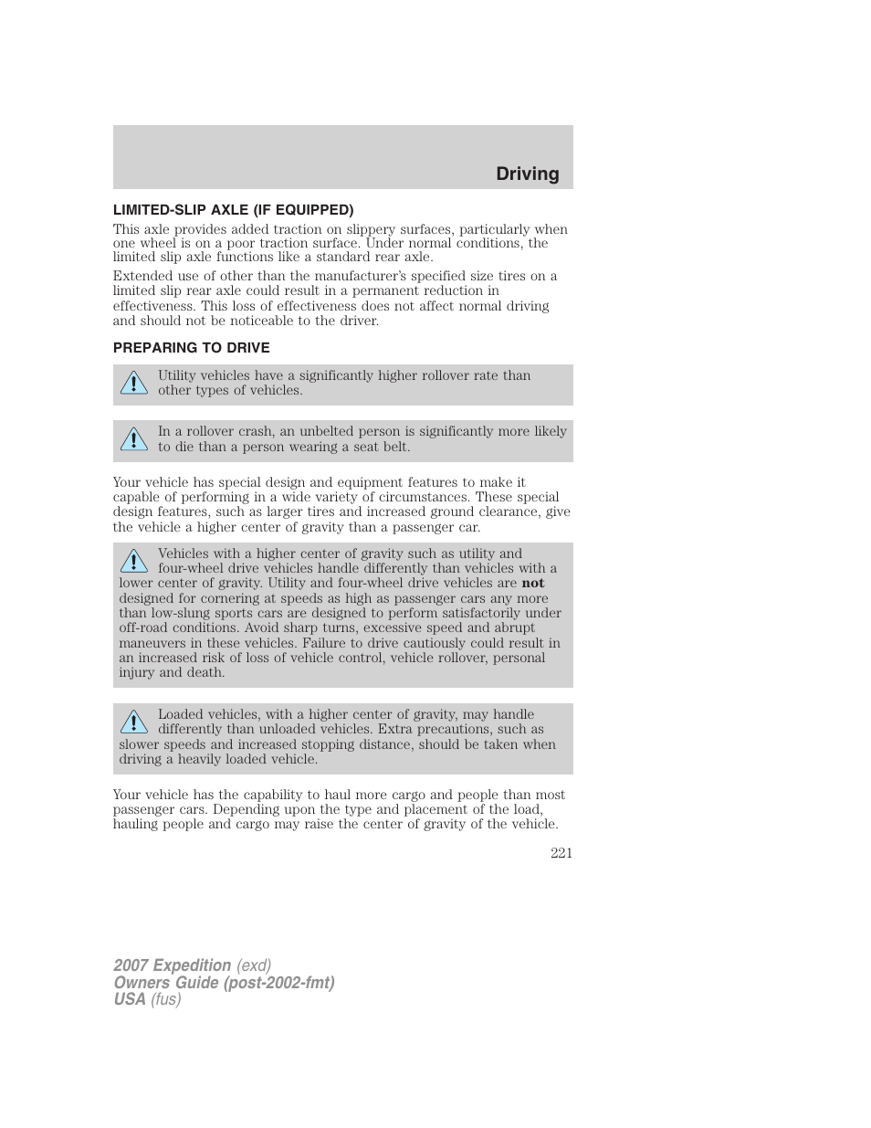 Limited-slip axle (if equipped), Preparing to drive, Driving | FORD 2007 Expedition v.1 User Manual | Page 221 / 328