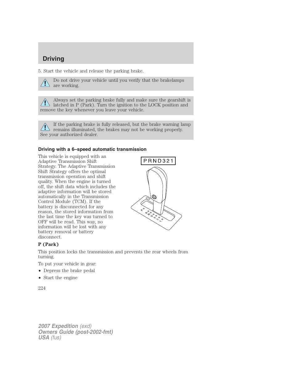 Driving with a 6–speed automatic transmission, Driving | FORD 2007 Expedition v.1 User Manual | Page 224 / 328