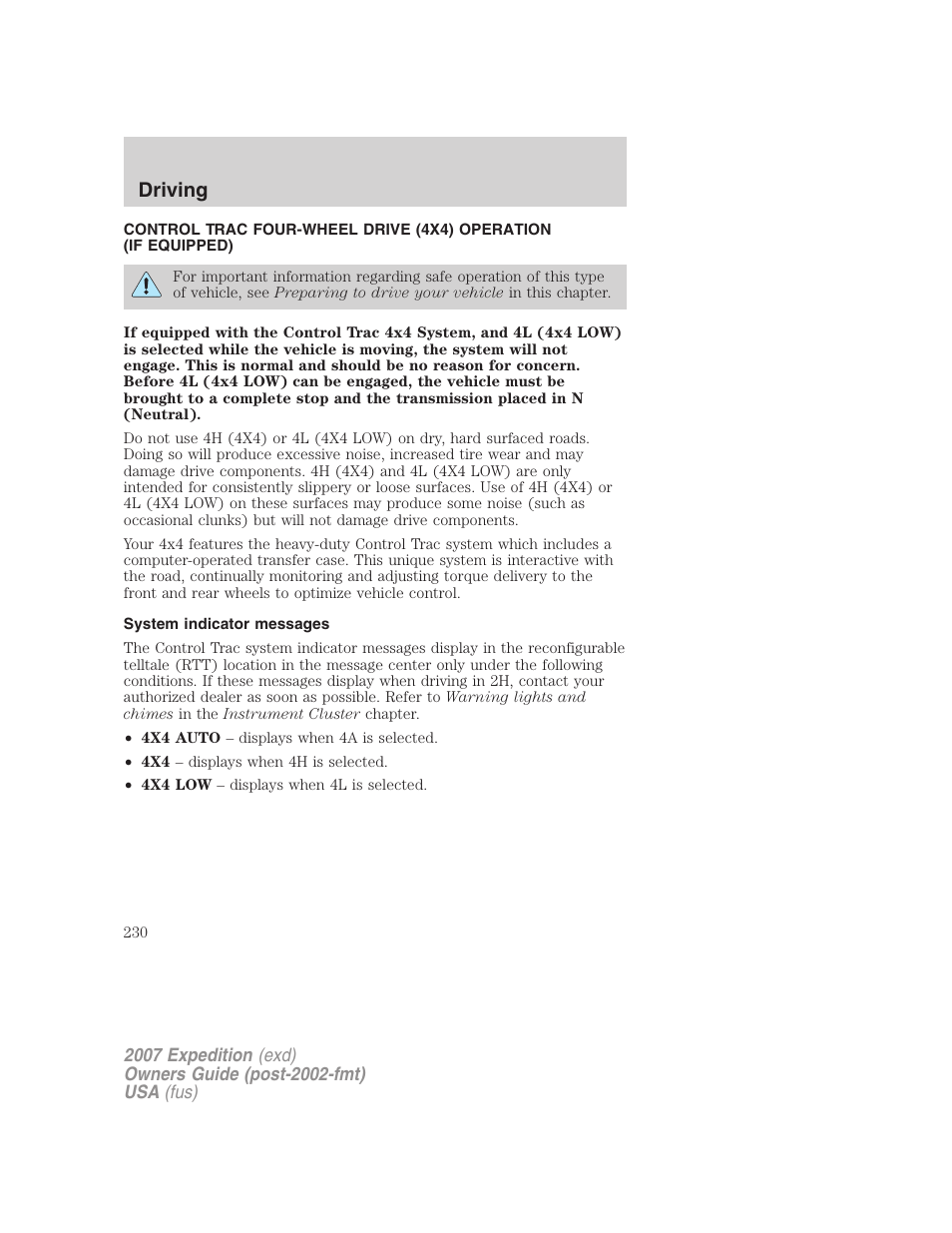 System indicator messages, Driving | FORD 2007 Expedition v.1 User Manual | Page 230 / 328