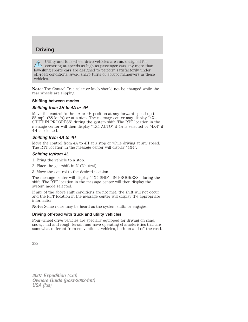 Shifting between modes, Shifting from 2h to 4a or 4h, Shifting from 4a to 4h | Shifting to/from 4l, Driving off-road with truck and utility vehicles, Driving | FORD 2007 Expedition v.1 User Manual | Page 232 / 328