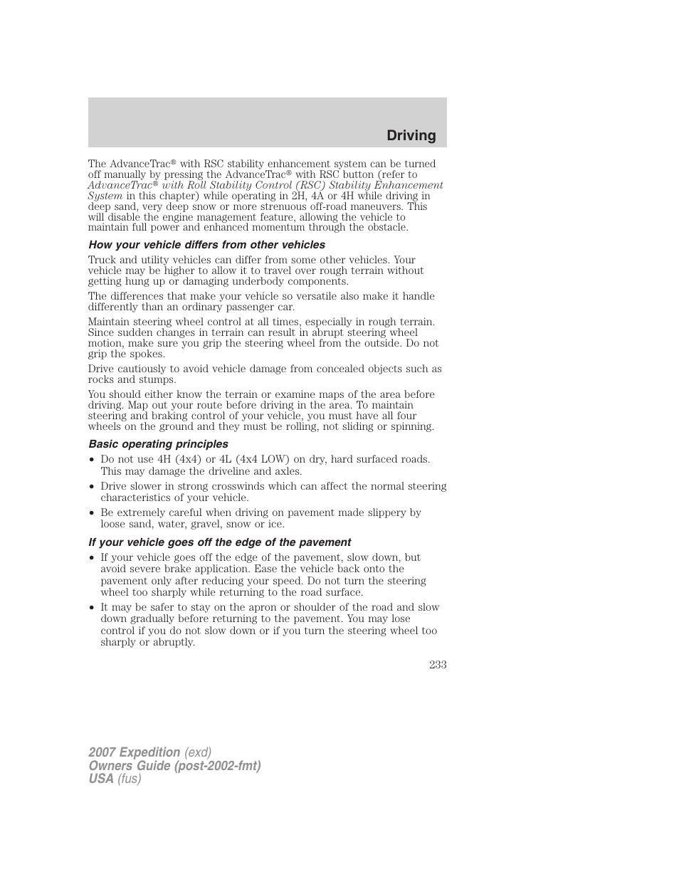 How your vehicle differs from other vehicles, Basic operating principles, If your vehicle goes off the edge of the pavement | Driving | FORD 2007 Expedition v.1 User Manual | Page 233 / 328