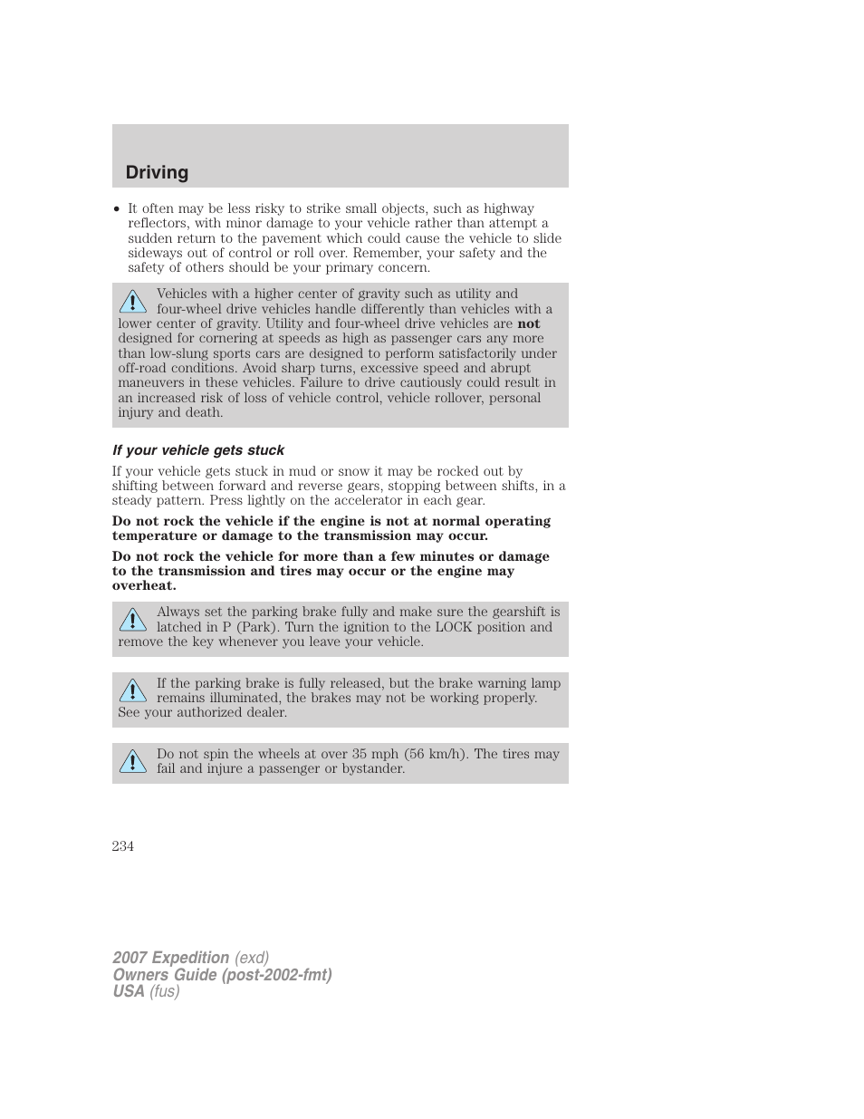 If your vehicle gets stuck, Driving | FORD 2007 Expedition v.1 User Manual | Page 234 / 328